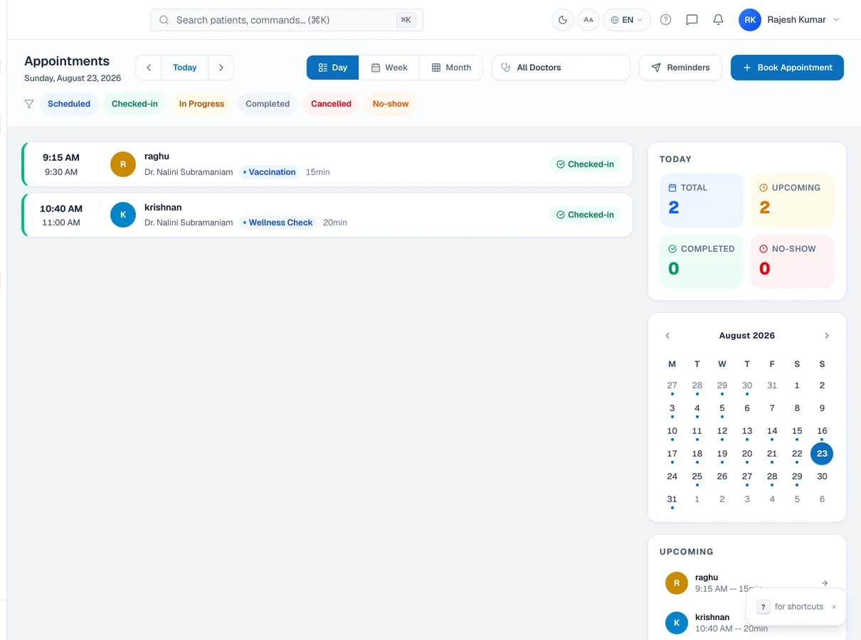 VaidyaOne appointment workspace showing booked and checked-in patients